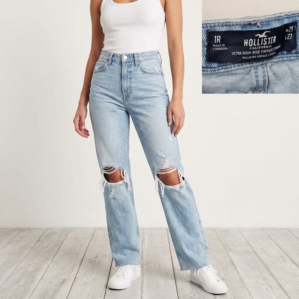 Hollister Jeans Womens 1R Light Wash Ultra High-Rise Vintage Straight Distressed